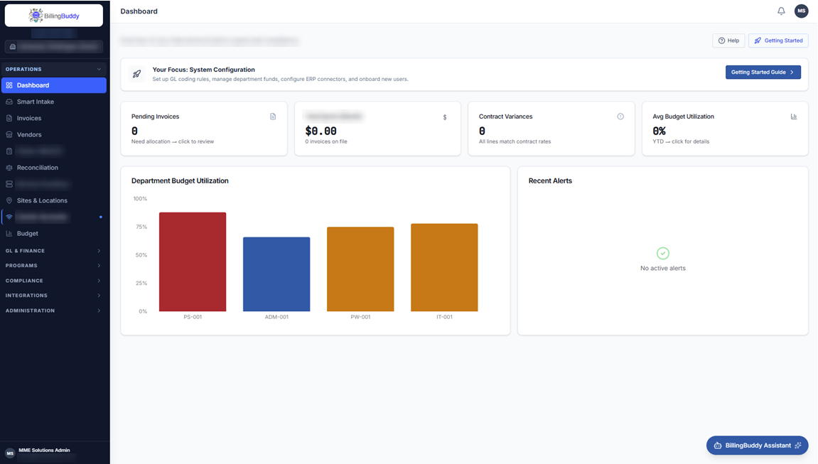 Billing Buddy billing automation dashboard showing pending invoices, contract variances, average budget utilization, a department budget chart and recent alerts
