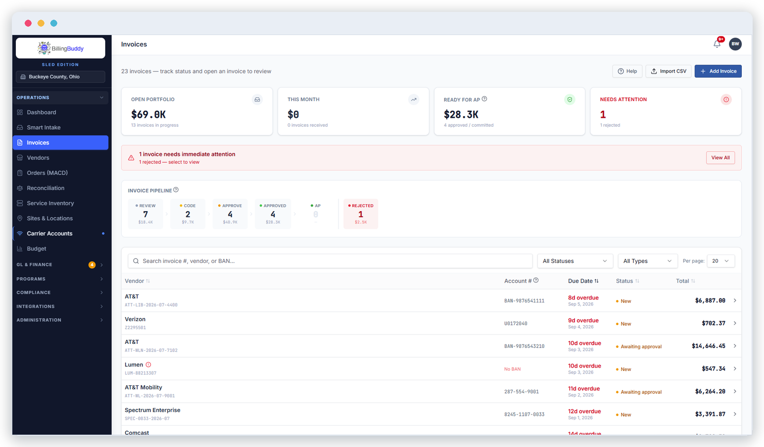 Billing Buddy invoice pipeline — every vendor bill tracked from review to AP with statuses and totals